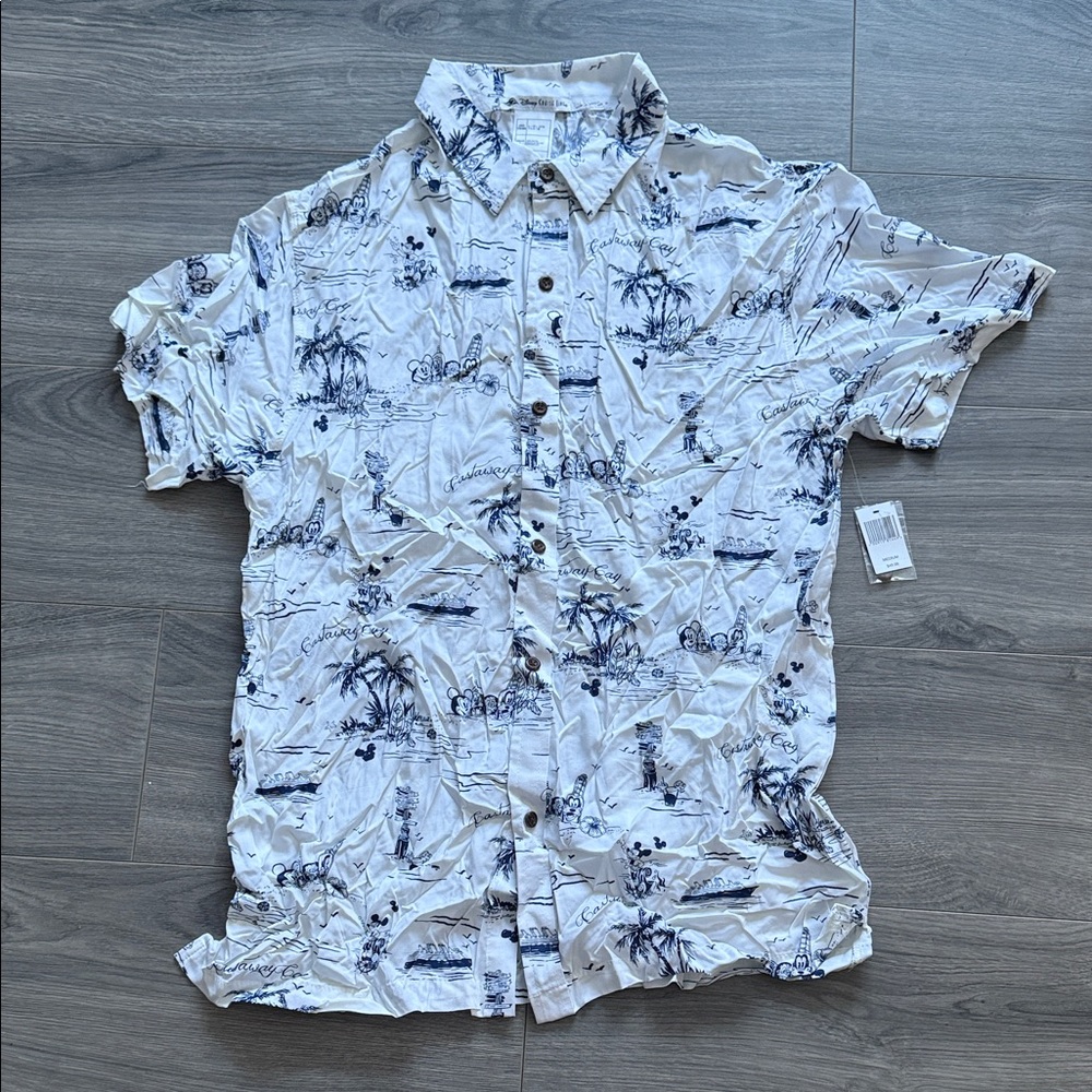 Disney Cruise Line Castaway Cay Men’s White and Blue Printed Shirt
